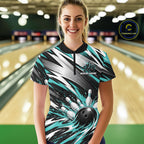 Custom Black And Teal Flame Bowling Jersey, Bowling Quarter-Zip Team Shirt