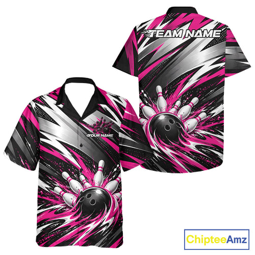 Custom Black And Pink Flame Bowling Jersey, Bowling Button Up Team Shirt And