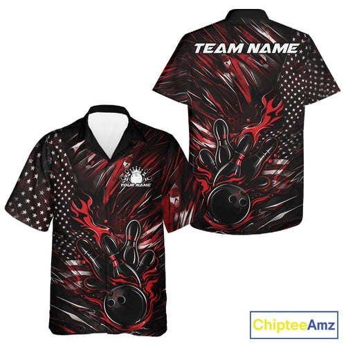 Custom Black And Red Patriotic Flame Bowling Jerseys, US Flag Bowling Shirt And