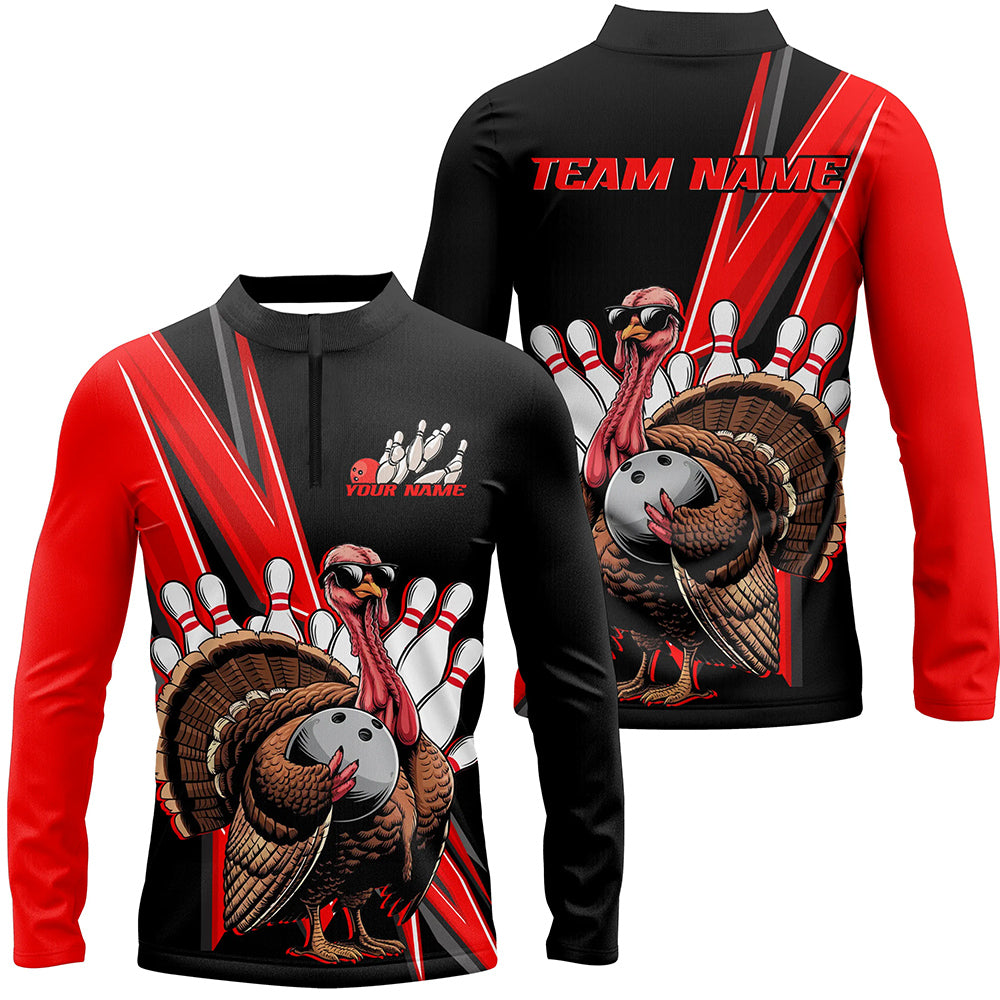 Black And Red Custom Awesome Turkey Bowling Shirts, Thanksgiving Bowling Team Jerseys