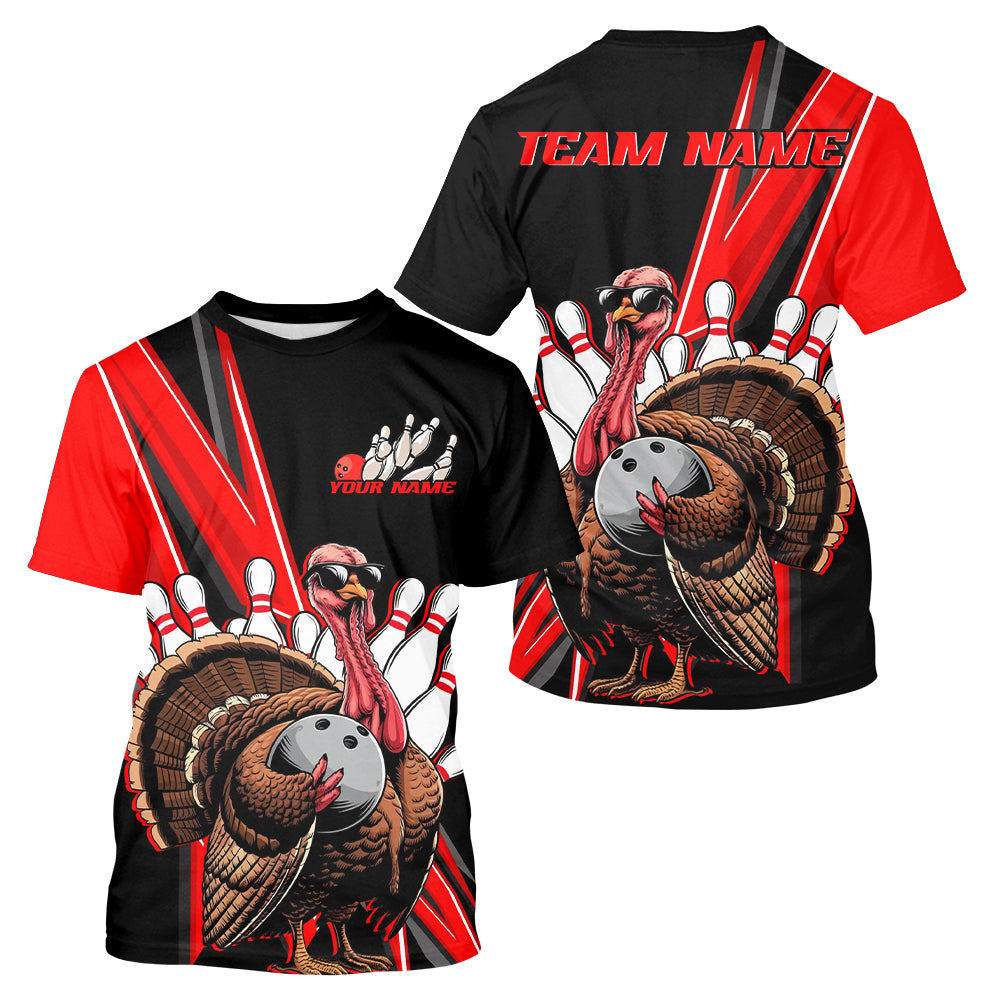 Black And Red Custom Turkey Bowling T-Shirts, Thanksgiving Bowling Jerseys