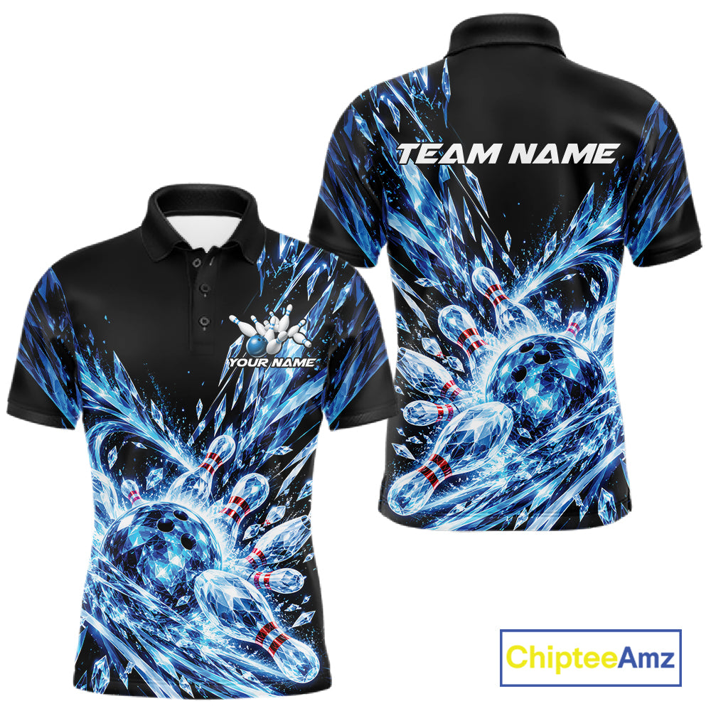 Icy Blue Custom Crystal Ice Bowling Team Polo Shirt, Bowling Tournament Jersey