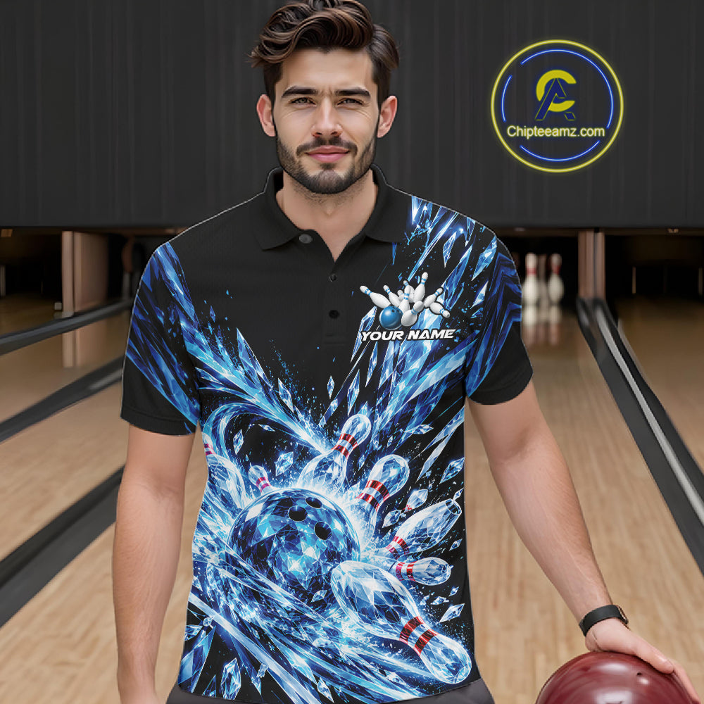 Icy Blue Custom Crystal Ice Bowling Team Polo Shirt, Bowling Tournament Jersey
