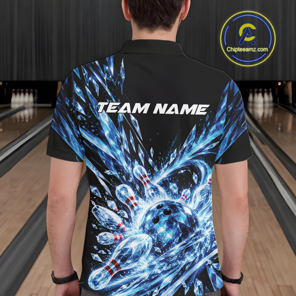 Icy Blue Custom Crystal Ice Bowling Team Polo Shirt, Bowling Tournament Jersey
