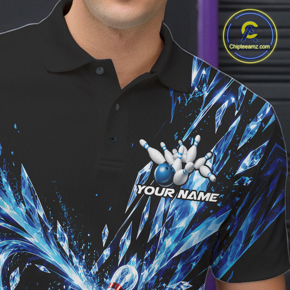 Icy Blue Custom Crystal Ice Bowling Team Polo Shirt, Bowling Tournament Jersey