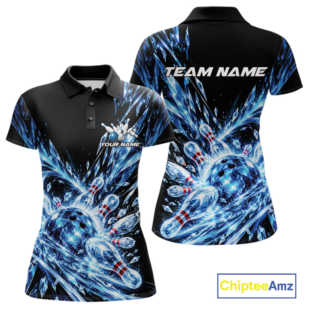 Icy Blue Custom Crystal Ice Bowling Team Polo Shirt, Bowling Tournament Jersey