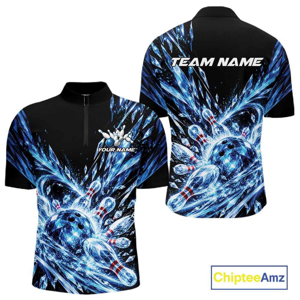 Icy Blue Custom Crystal Ice Bowling Team Quarter Zip Shirt, Bowling Tournament Jersey