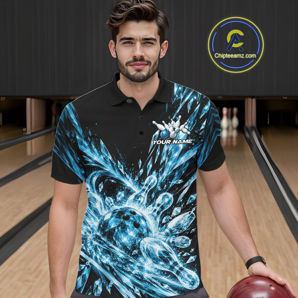Sky Blue Custom Crystal Ice Bowling Team Polo Shirt, Bowling Tournament Jersey