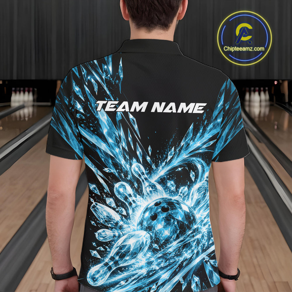 Sky Blue Custom Crystal Ice Bowling Team Polo Shirt, Bowling Tournament Jersey