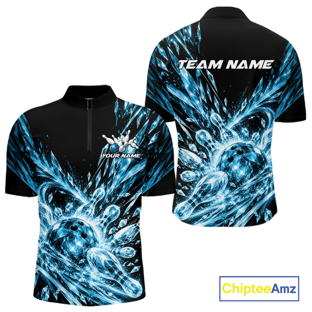 Sky Blue Custom Crystal Ice Bowling Team Quarter Zip Shirt, Bowling Tournament Jersey