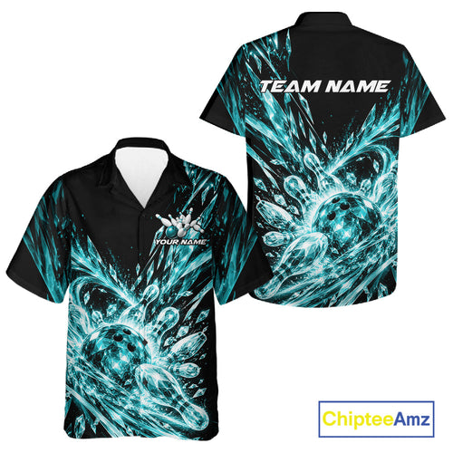 Aqua Blue Custom Crystal Ice Bowling Team And Button Up Shirt, Bowling Tournament Jersey