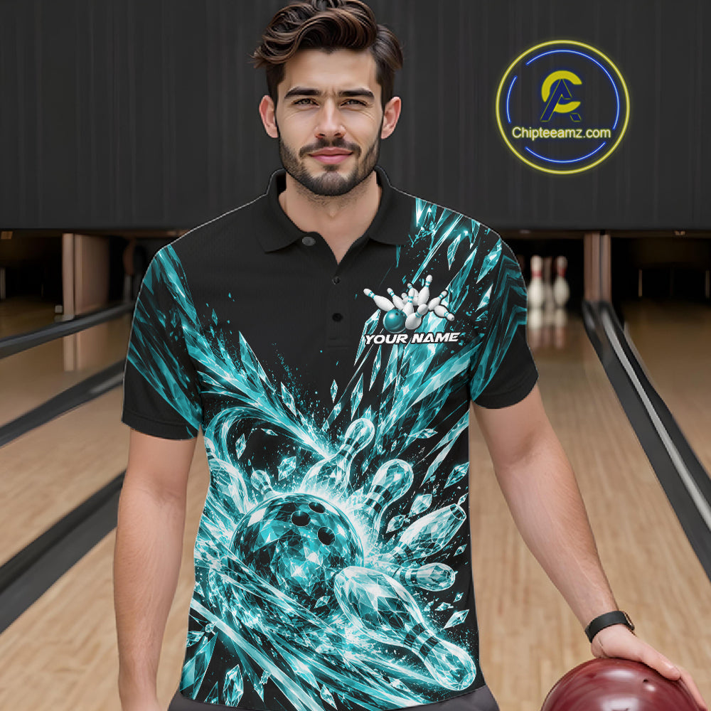 Aqua Blue Custom Crystal Ice Bowling Team Polo Shirt, Bowling Tournament Jersey