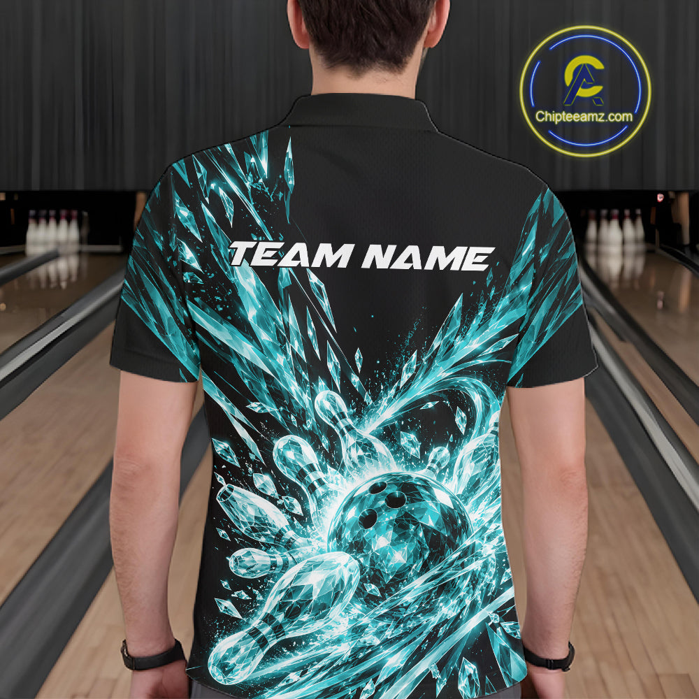 Aqua Blue Custom Crystal Ice Bowling Team Polo Shirt, Bowling Tournament Jersey