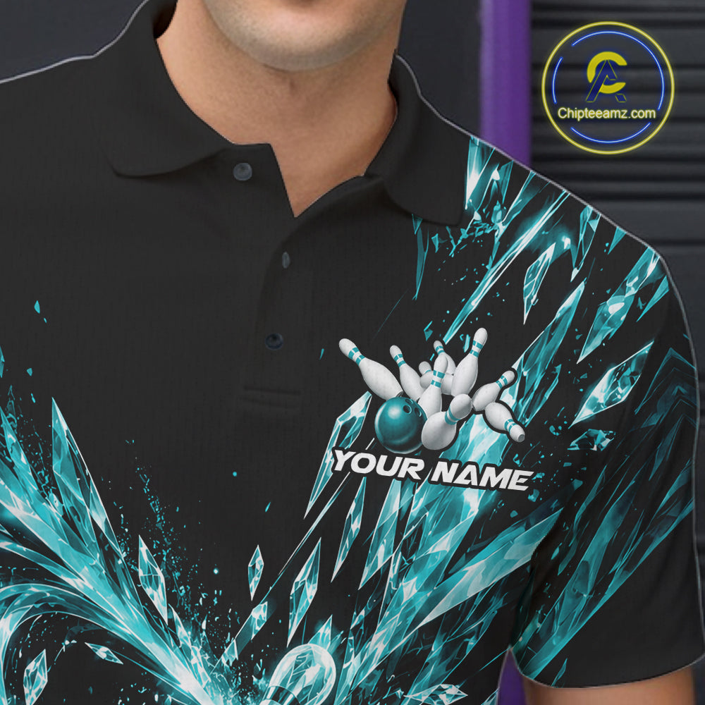 Aqua Blue Custom Crystal Ice Bowling Team Polo Shirt, Bowling Tournament Jersey