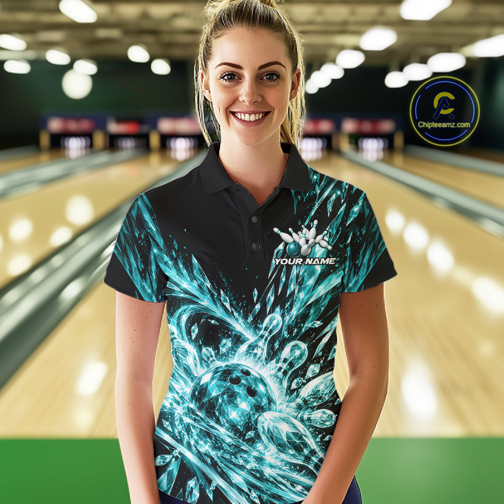 Aqua Blue Custom Crystal Ice Bowling Team Polo Shirt, Bowling Tournament Jersey