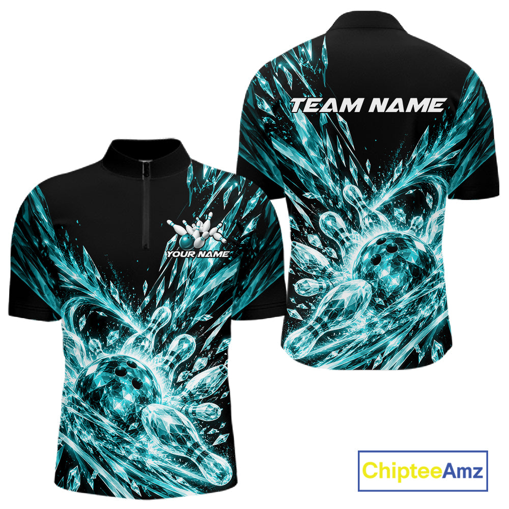 Aqua Blue Custom Crystal Ice Bowling Team Quarter Zip Shirt, Bowling Tournament Jersey