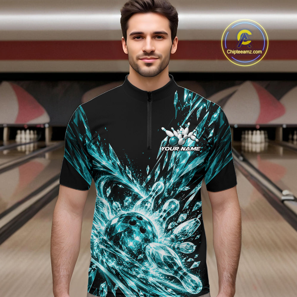 Aqua Blue Custom Crystal Ice Bowling Team Quarter Zip Shirt, Bowling Tournament Jersey