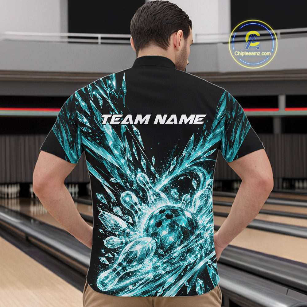 Aqua Blue Custom Crystal Ice Bowling Team Quarter Zip Shirt, Bowling Tournament Jersey