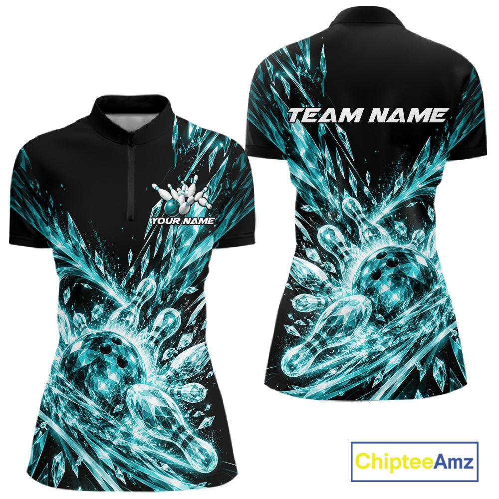 Aqua Blue Custom Crystal Ice Bowling Quarter-Zip Shirt, Bowling Tournament Jersey