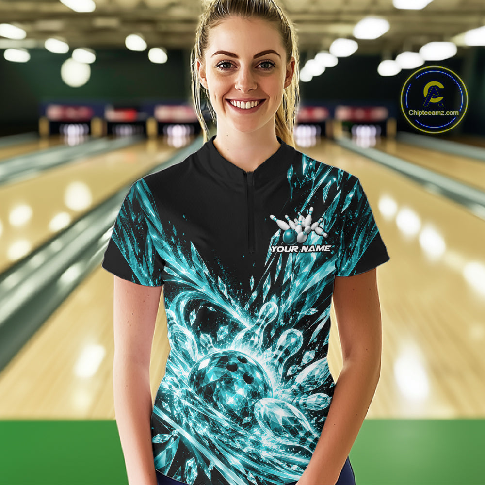 Aqua Blue Custom Crystal Ice Bowling Quarter-Zip Shirt, Bowling Tournament Jersey