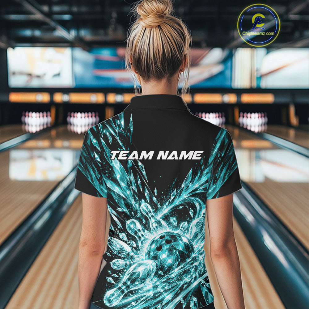 Aqua Blue Custom Crystal Ice Bowling Quarter-Zip Shirt, Bowling Tournament Jersey