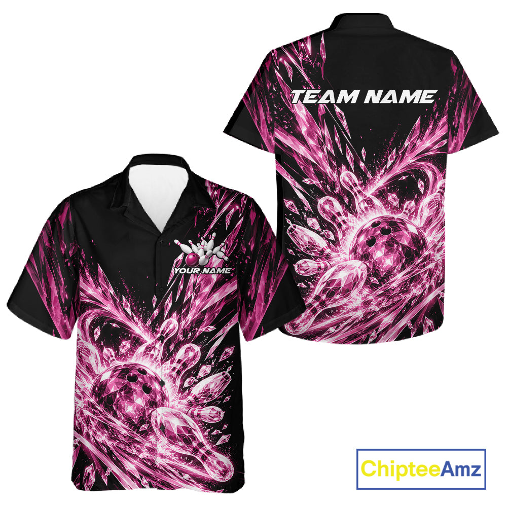 Icy Pink Custom Crystal Ice Bowling Team And Button Up Shirt, Bowling Tournament Jersey