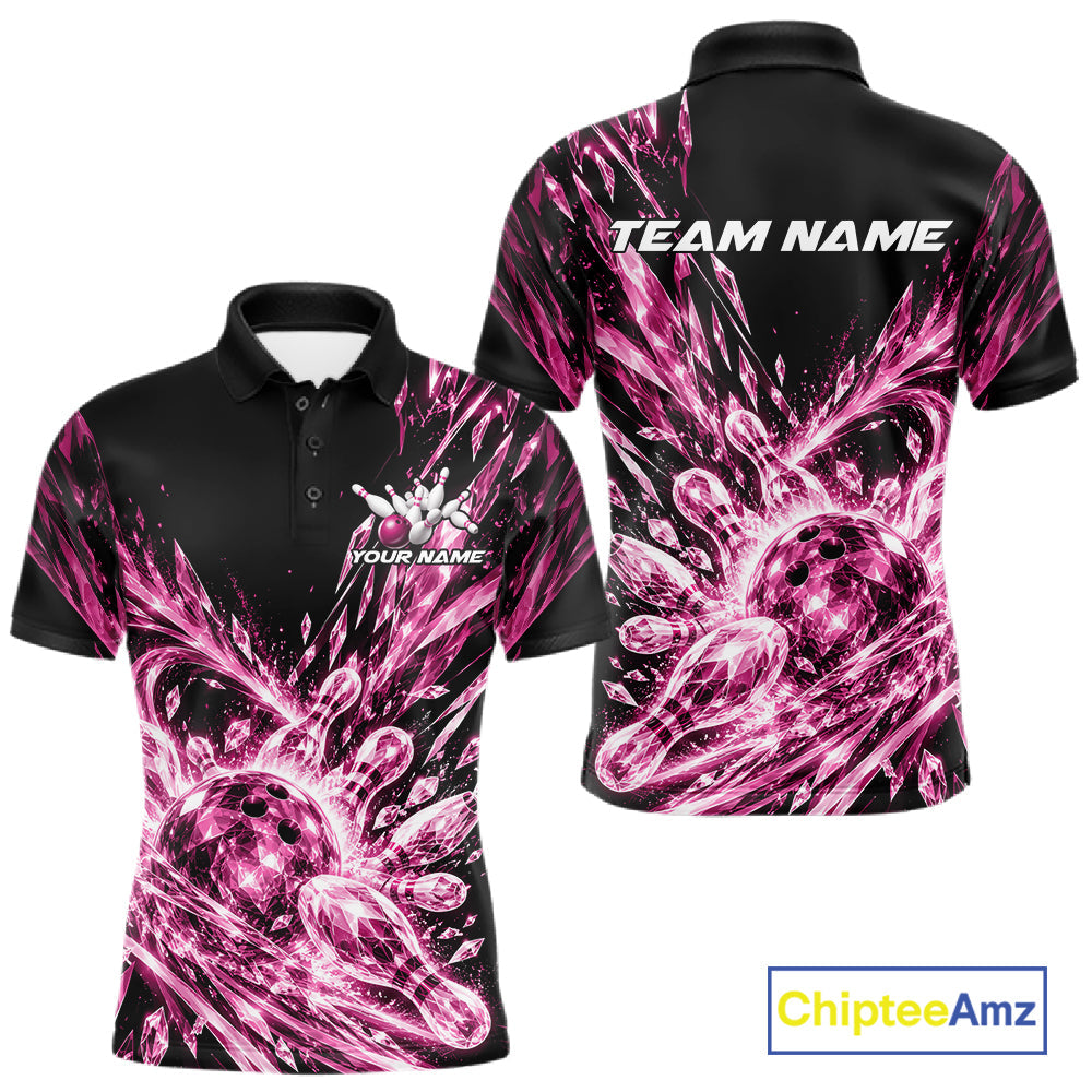 Icy Pink Custom Crystal Ice Bowling Team Polo Shirt, Bowling Tournament Jersey