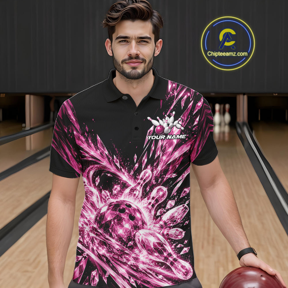 Icy Pink Custom Crystal Ice Bowling Team Polo Shirt, Bowling Tournament Jersey