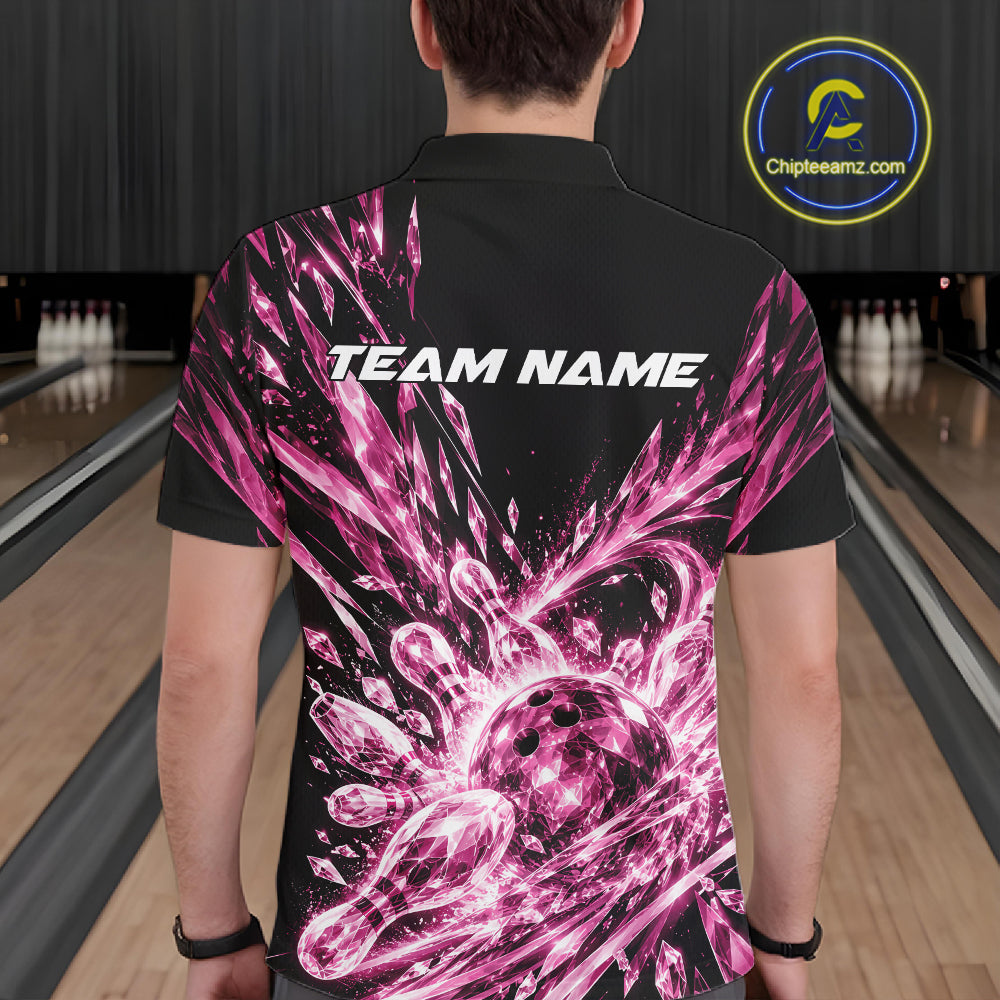 Icy Pink Custom Crystal Ice Bowling Team Polo Shirt, Bowling Tournament Jersey