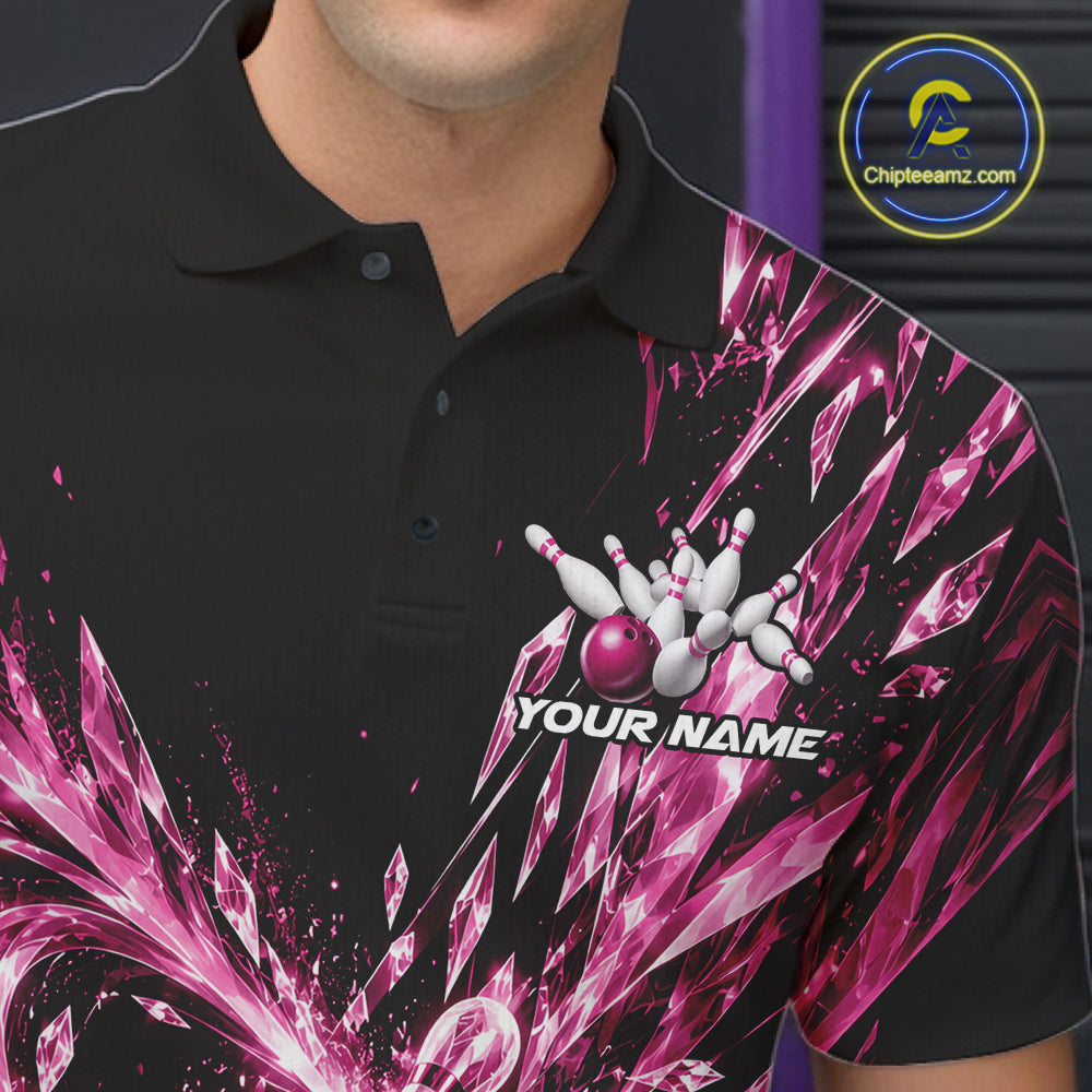 Icy Pink Custom Crystal Ice Bowling Team Polo Shirt, Bowling Tournament Jersey