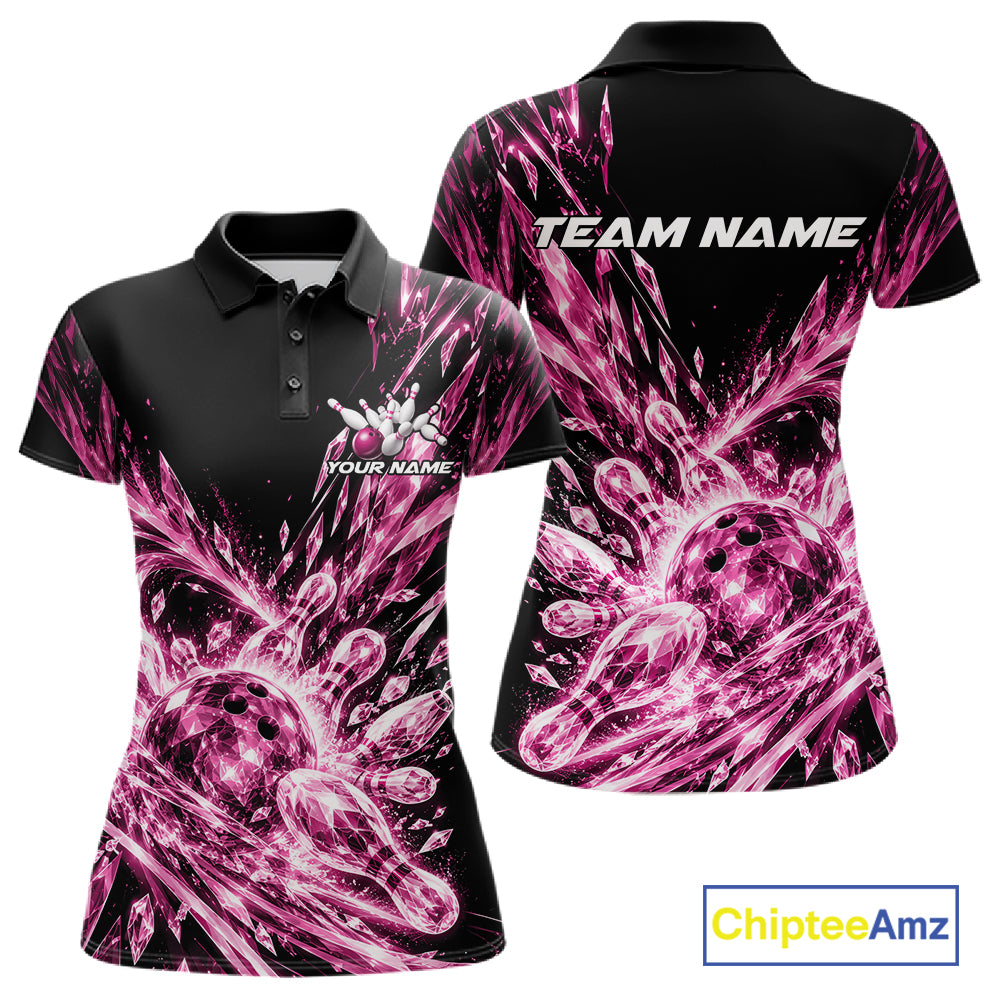 Icy Pink Custom Crystal Ice Bowling Team Polo Shirt, Bowling Tournament Jersey