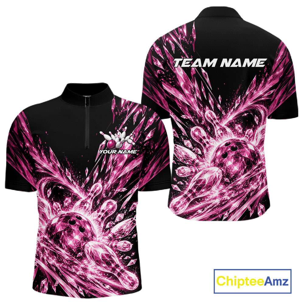 Icy Pink Custom Crystal Ice Bowling Team Quarter Zip Shirt, Bowling Tournament Jersey
