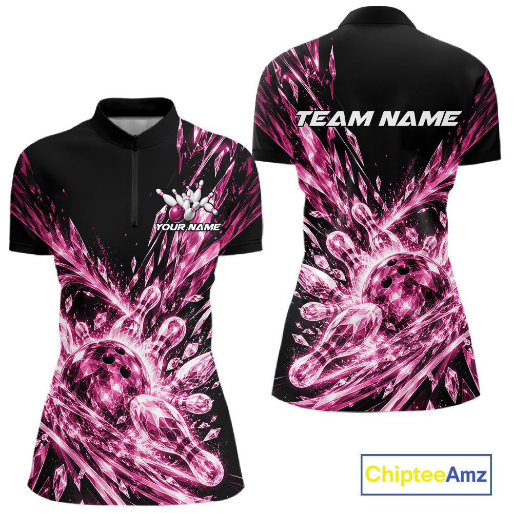 Icy Pink Custom Crystal Ice Bowling Quarter-Zip Shirt, Bowling Tournament Jersey