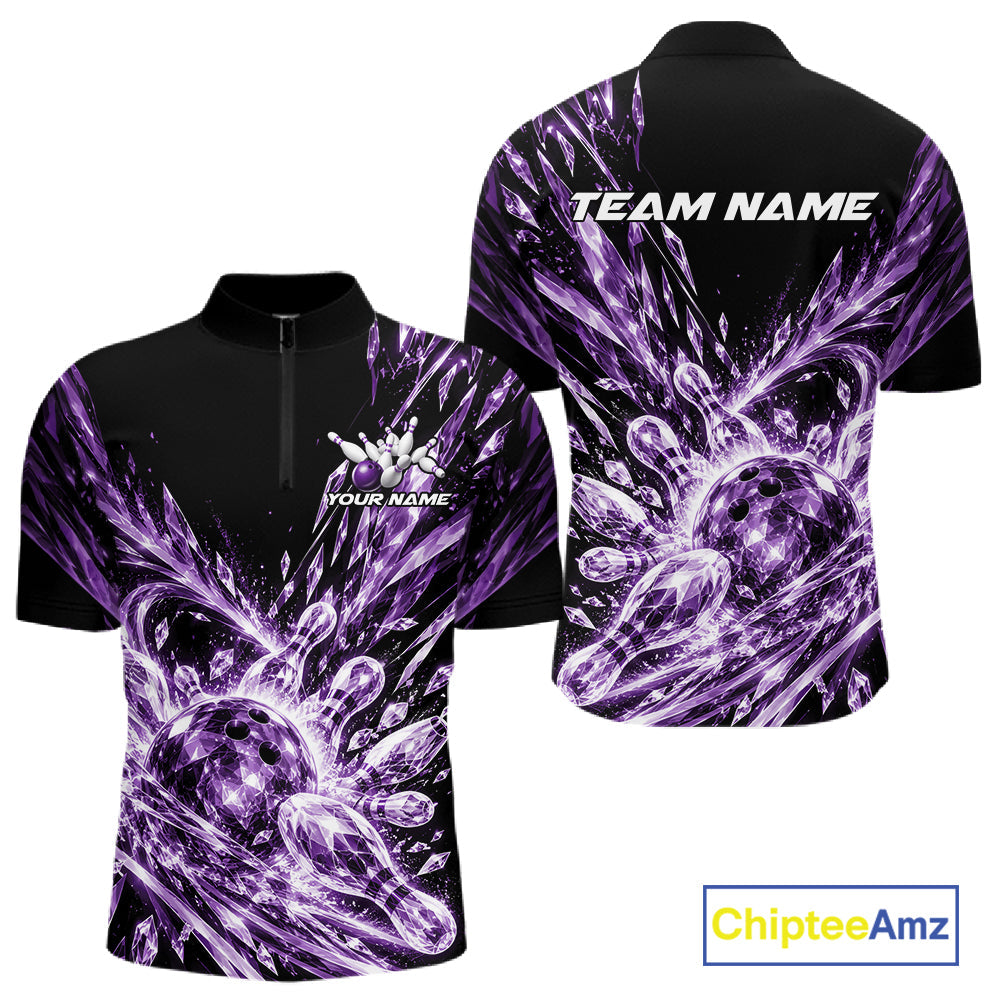 Icy Purple Custom Crystal Ice Bowling Team Quarter Zip Shirt, Bowling Tournament Jersey