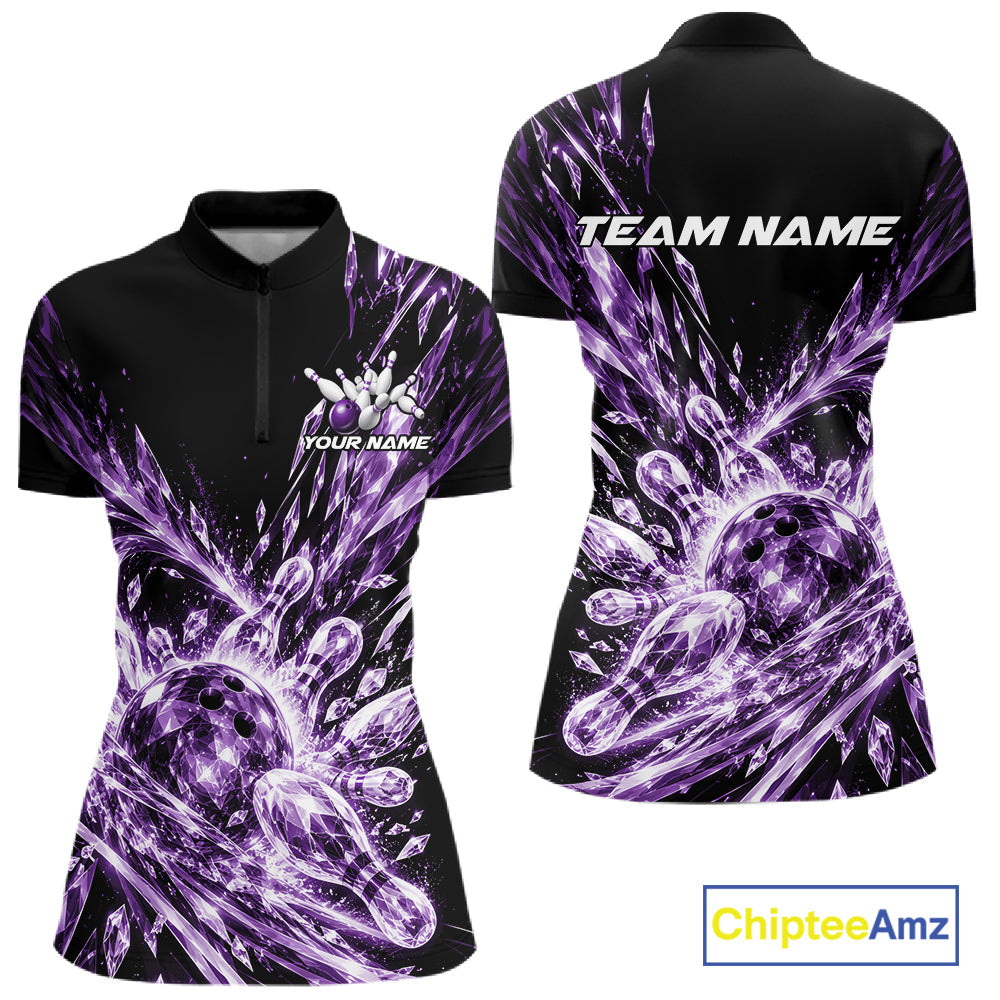 Icy Purple Custom Crystal Ice Bowling Quarter-Zip Shirt, Bowling Tournament Jersey