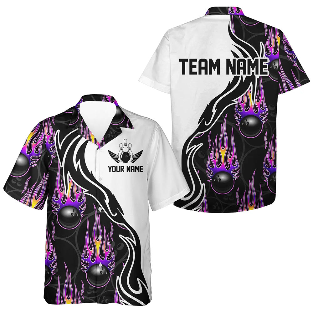 Custom Purple Flame Bowling Hawaiian Shirts, Personalized Bowling Team Jerseys