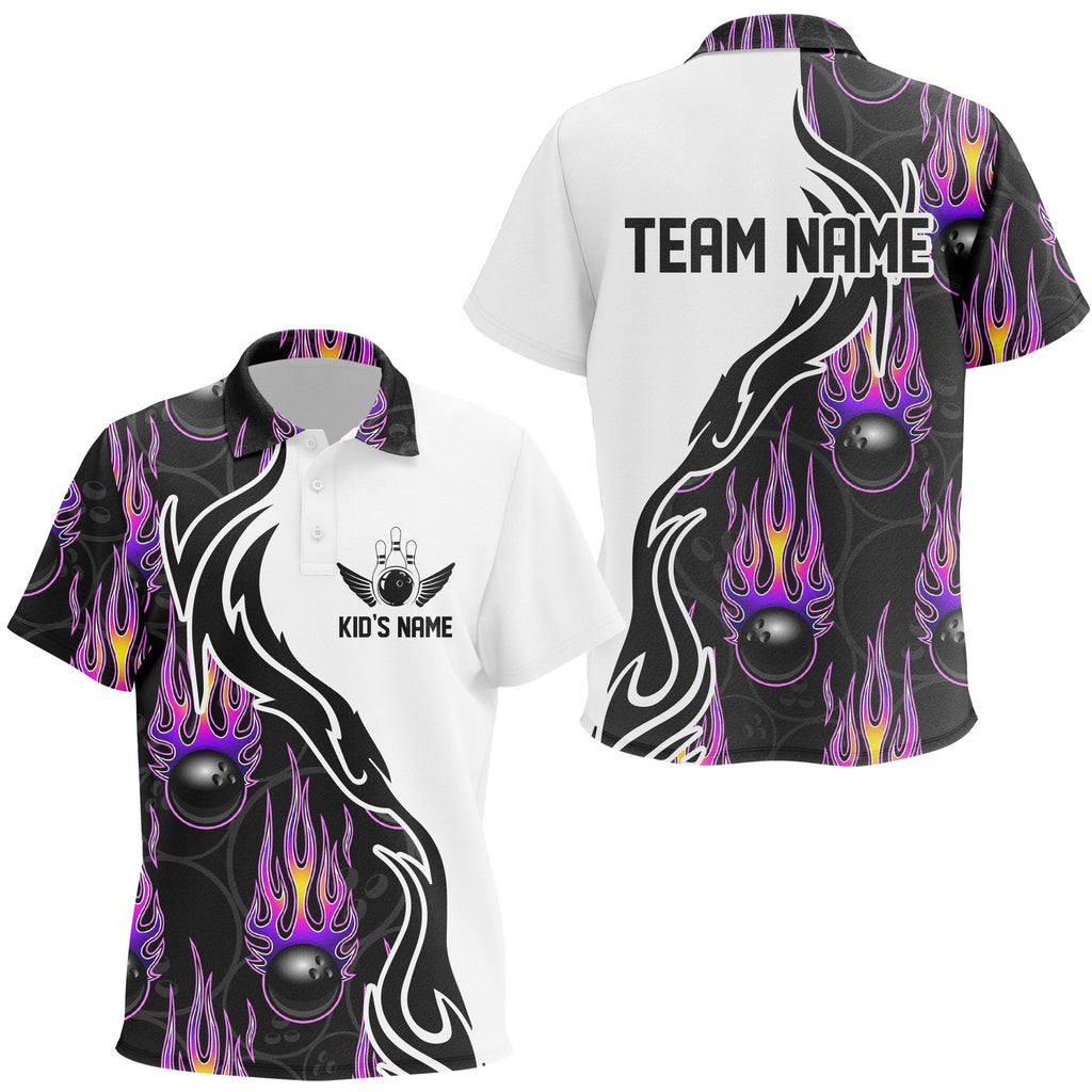Custom Purple Flame Bowling Polo Shirts, Personalized Bowling Jerseys