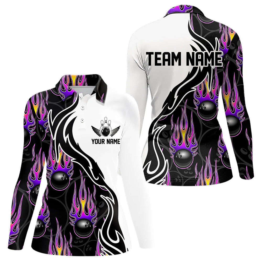 Custom Purple Flame Bowling Long Sleeve Polo Shirts, Bowling Team Jerseys