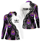 Custom Purple Flame Bowling Long Sleeve Polo Shirts, Bowling Team Jerseys