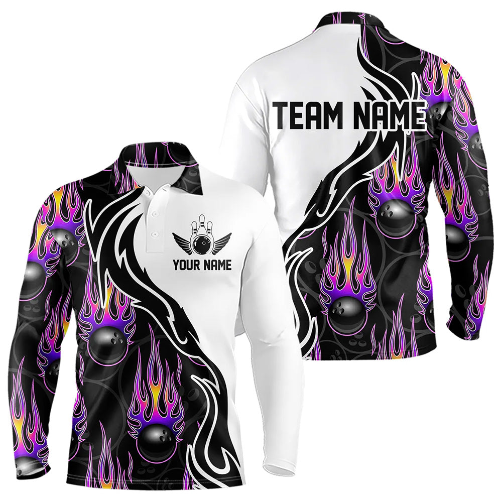 Custom Purple Flame Bowling Long Sleeve Polo Shirts, Personalized Bowling Team Jerseys