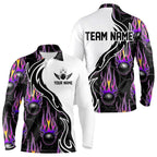 Custom Purple Flame Bowling Long Sleeve Polo Shirts, Personalized Bowling Team Jerseys