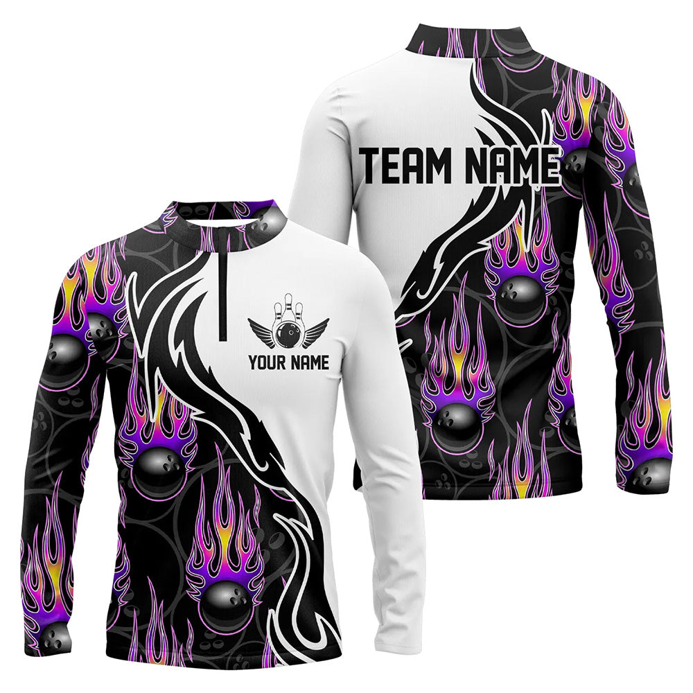 Custom Purple Flame Bowling Long Sleeve Quarter-Zip Shirts, Bowling Team Jerseys