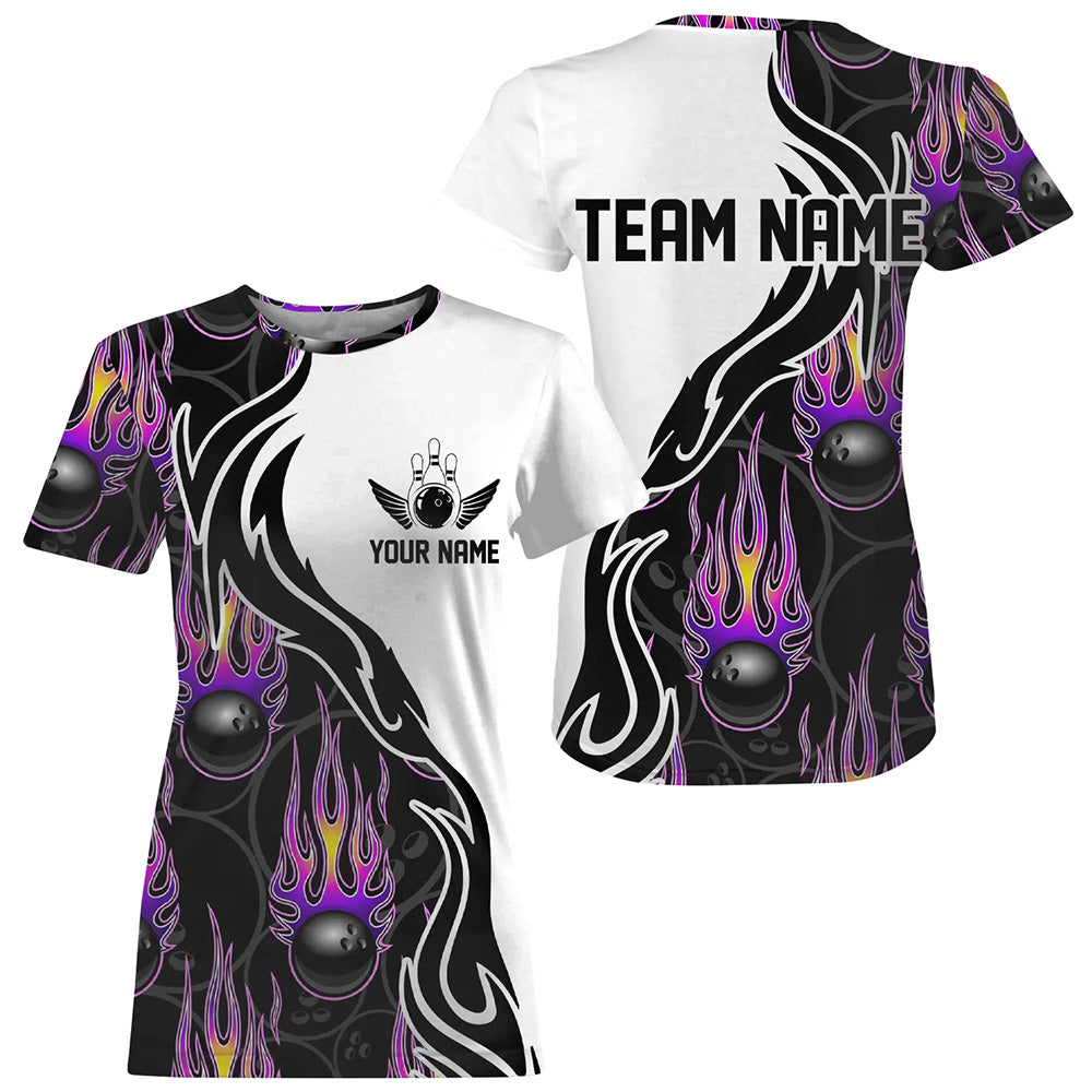 Custom Purple Flame Bowling T-Shirts, Personalized Bowling Team Jerseys