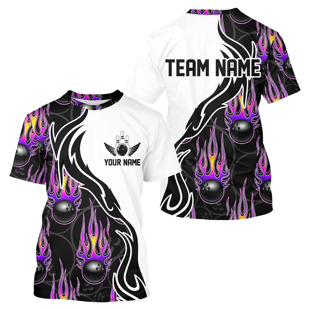 Custom Purple Flame Bowling T-Shirts, Personalized Bowling Team Jerseys