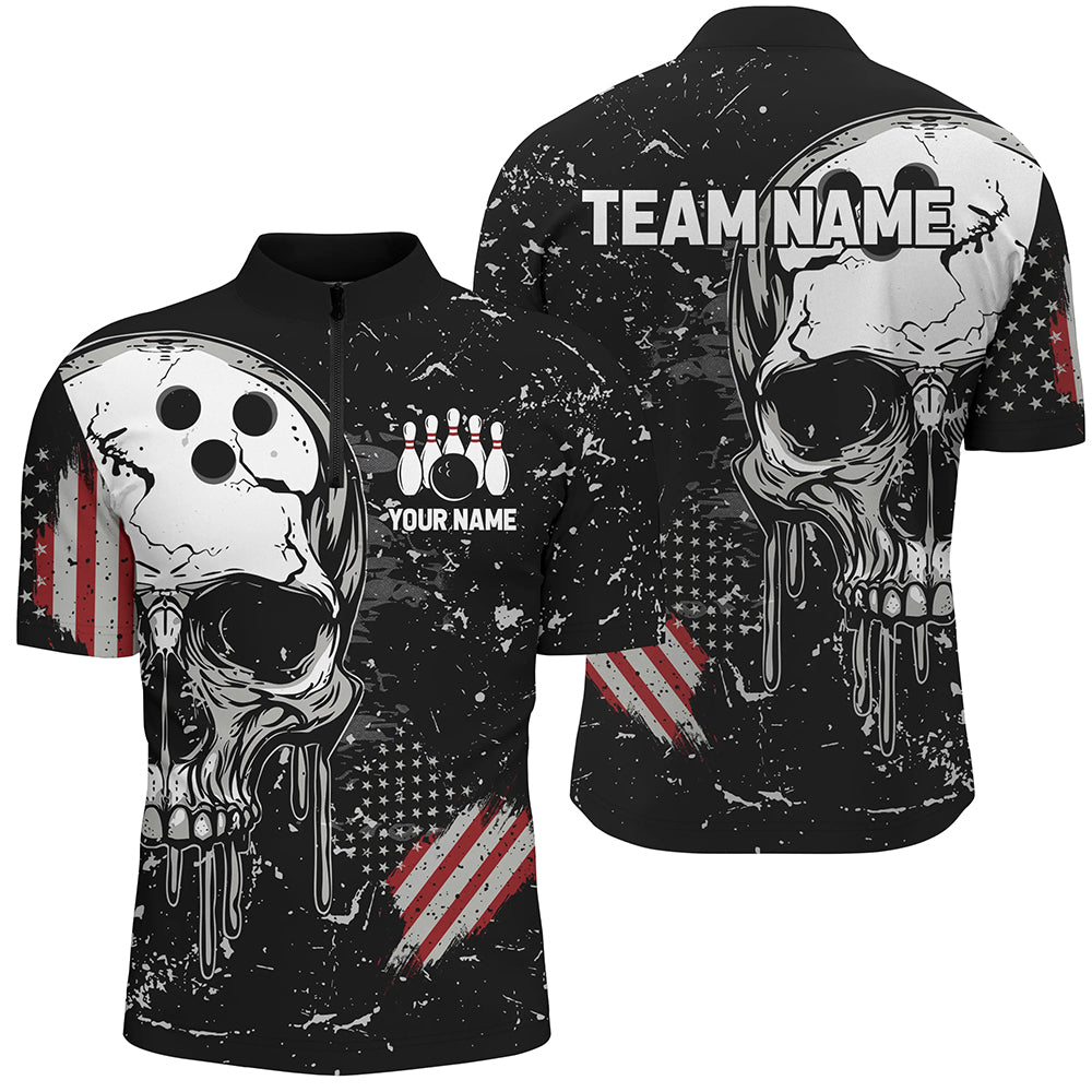 Custom Vintage American Flag Patriotic Bowling Shirts, Skull Bowling Team Shirts