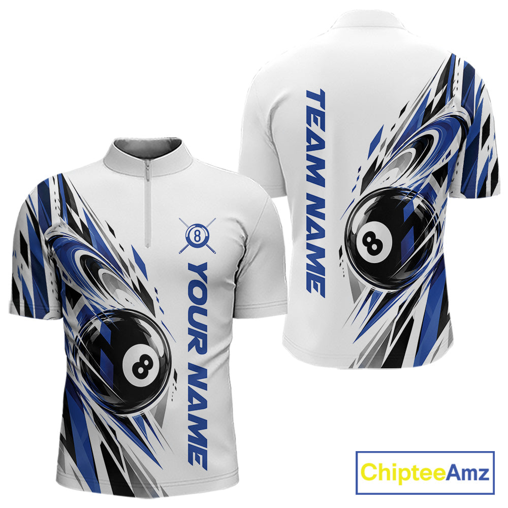 Custom Royal Blue 8 Ball Billiard Team Quarter Zip Shirt, Billiard League Jersey