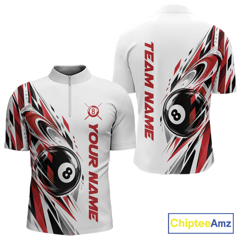 Custom Red 8 Ball Billiard Team Quarter Zip Shirt, Billiard League Jersey
