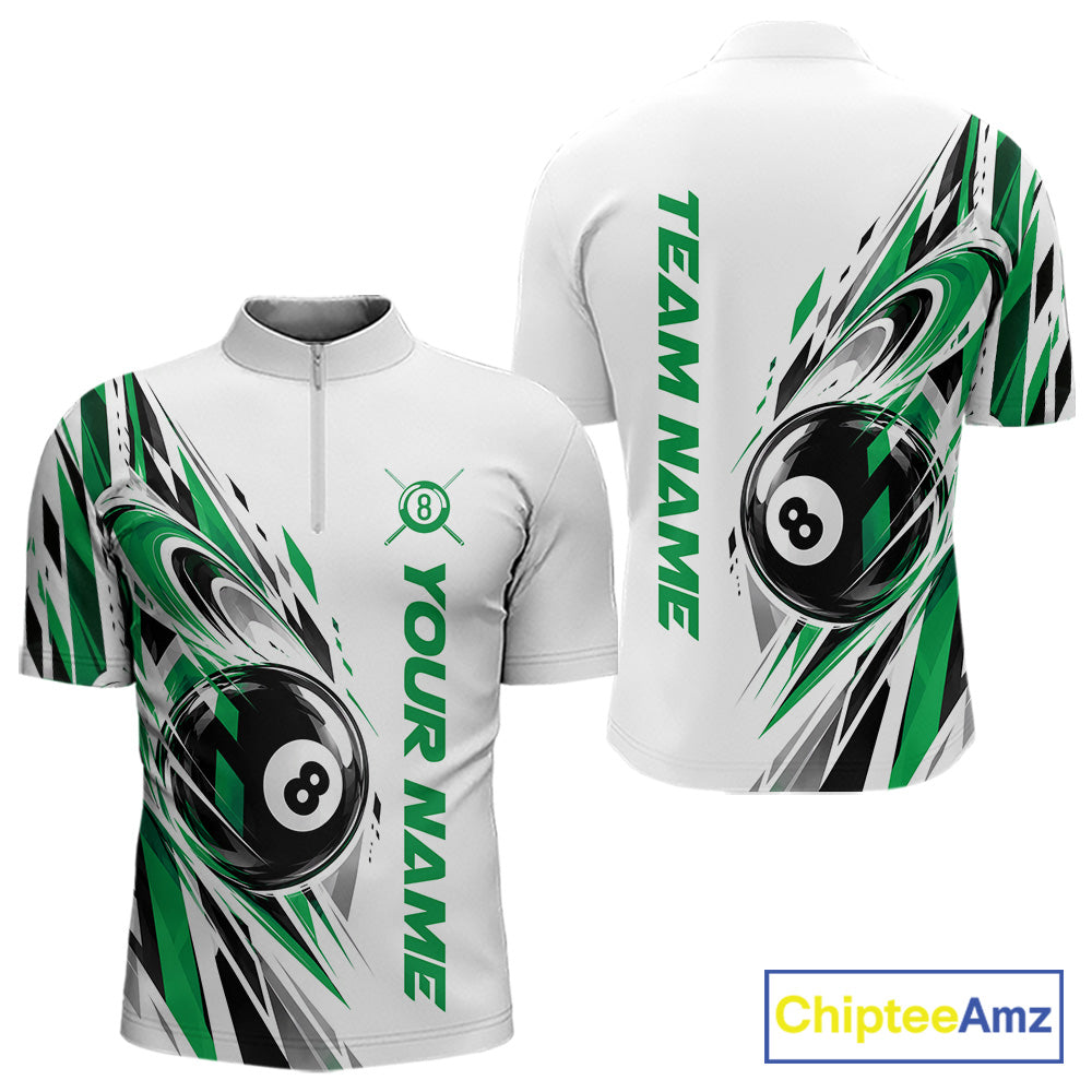 Custom Green 8 Ball Billiard Team Quarter Zip Shirt, Billiard League Jersey