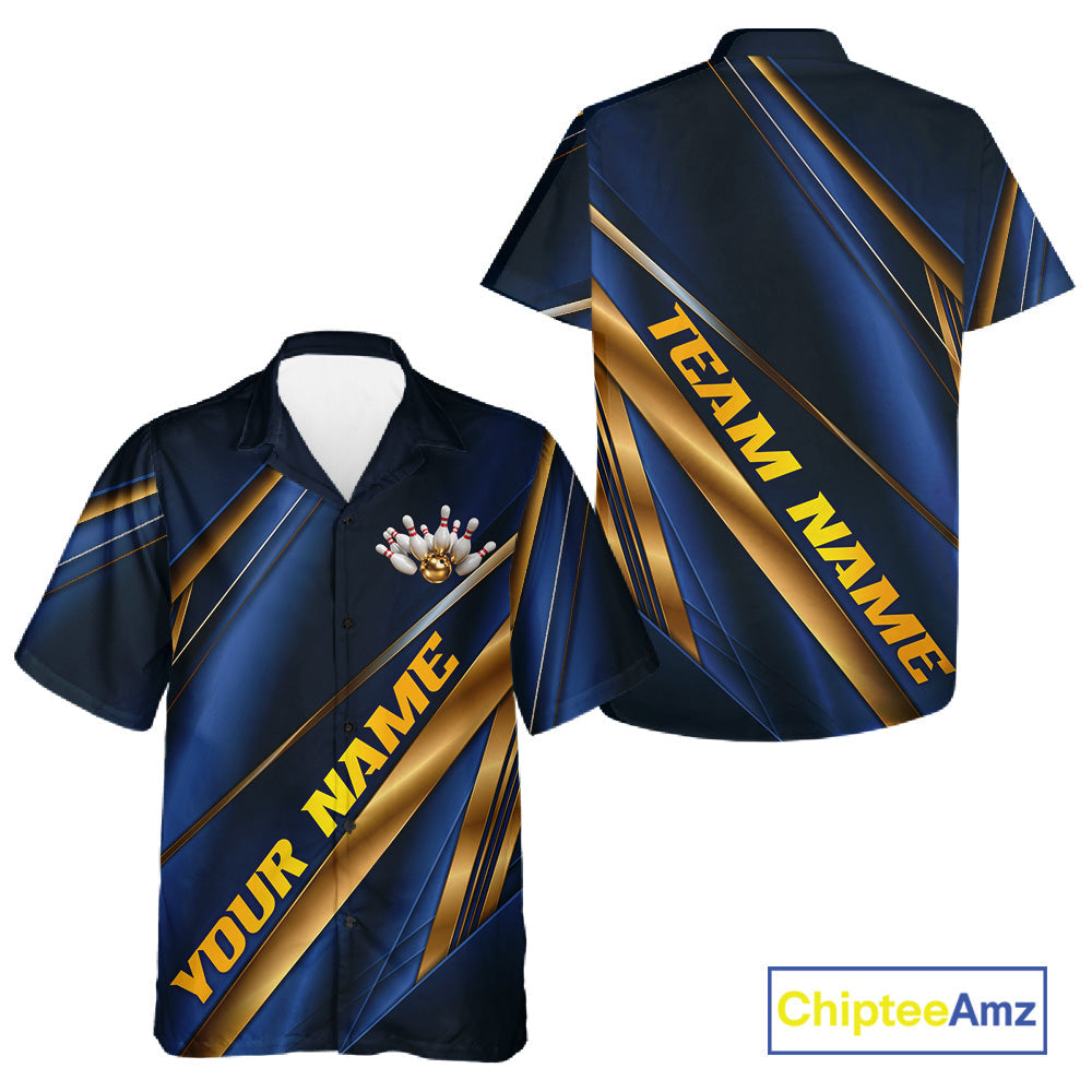 Custom Blue And Gold Stripes And Bowling Hawaiian Shirt, Golden Bowling Team Jerseys