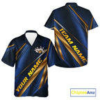 Custom Blue And Gold Stripes And Bowling Hawaiian Shirt, Golden Bowling Team Jerseys